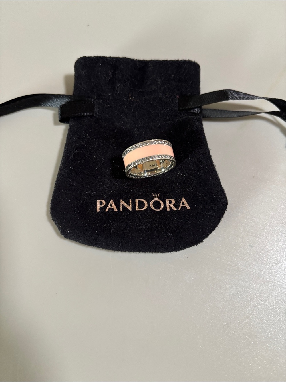 Pandora Pink Enamel and Sterling Silver Crystal Band Ring